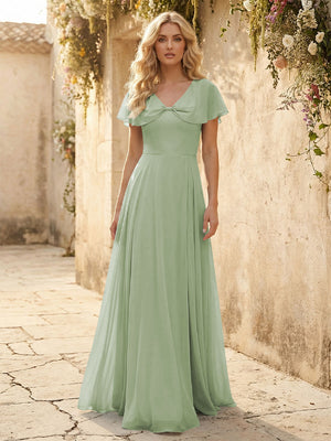 Short Sleeves V Neck Chiffon Bridesmaid Dresses with Slit