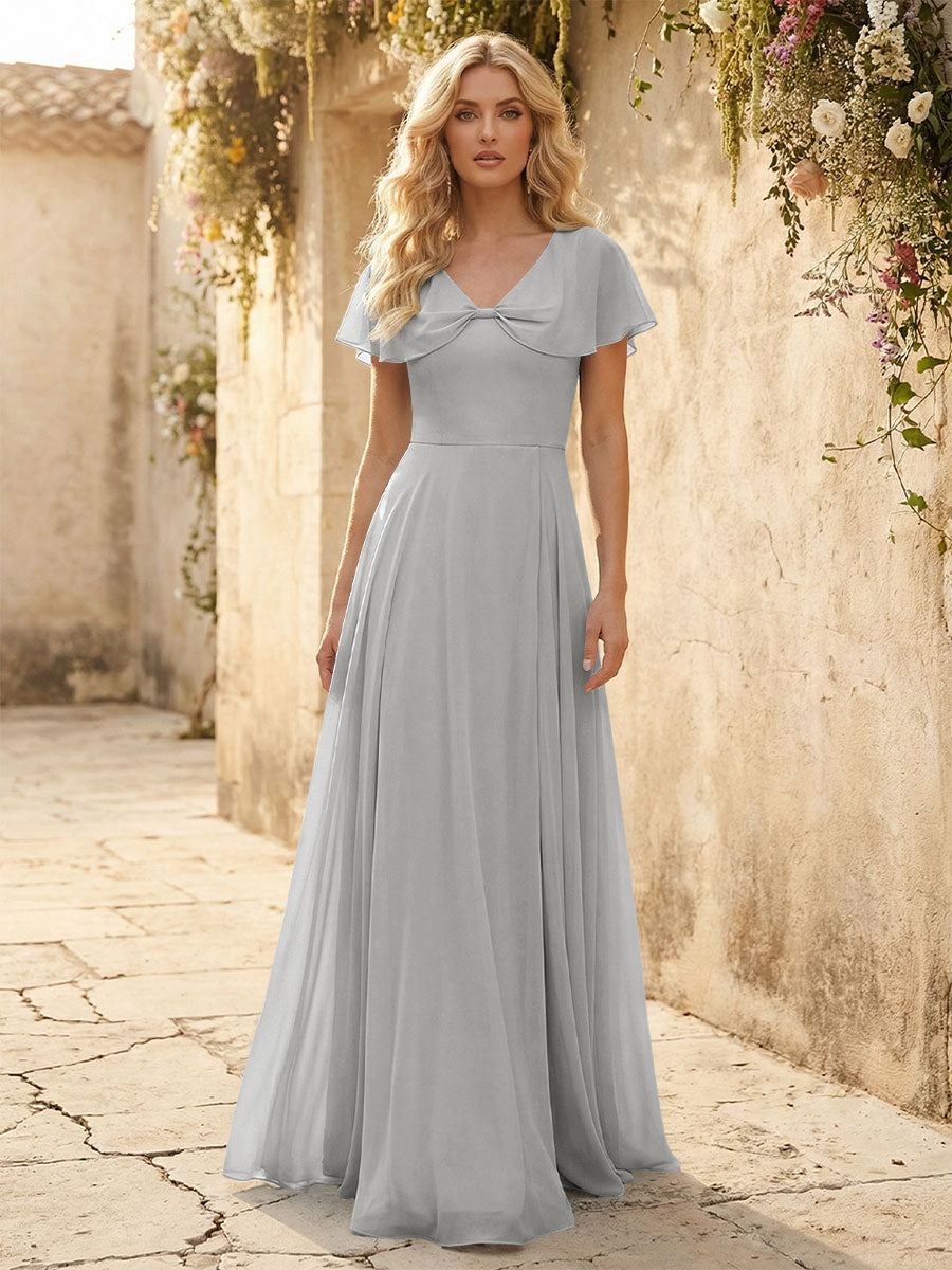 Short Sleeves V Neck Chiffon Formal Dresses with Slit
