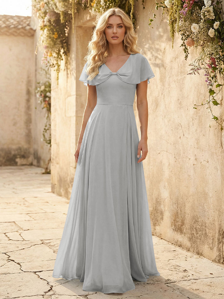 Short Sleeves V Neck Chiffon Formal Dresses with Slit