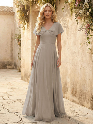 Short Sleeves V Neck Chiffon Bridesmaid Dresses with Slit