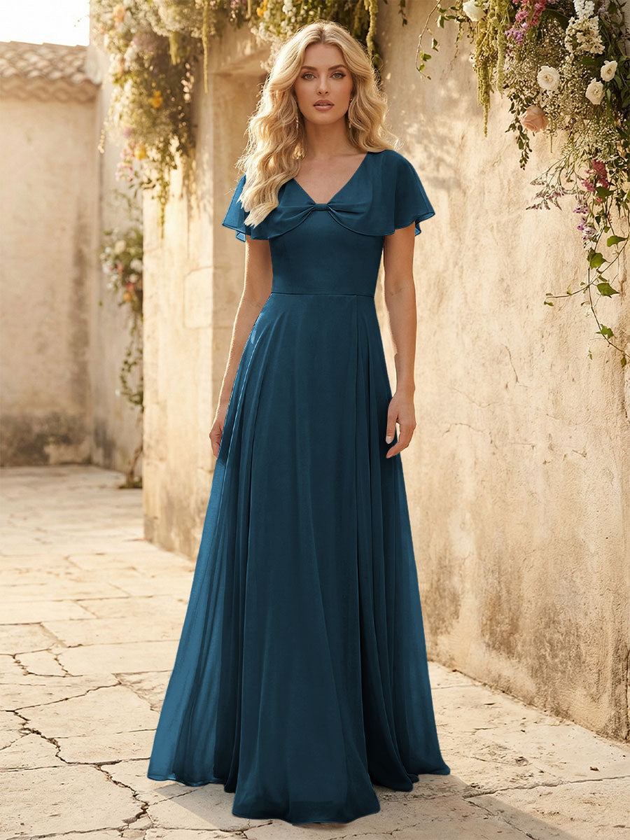 Short Sleeves V Neck Chiffon Formal Dresses with Slit