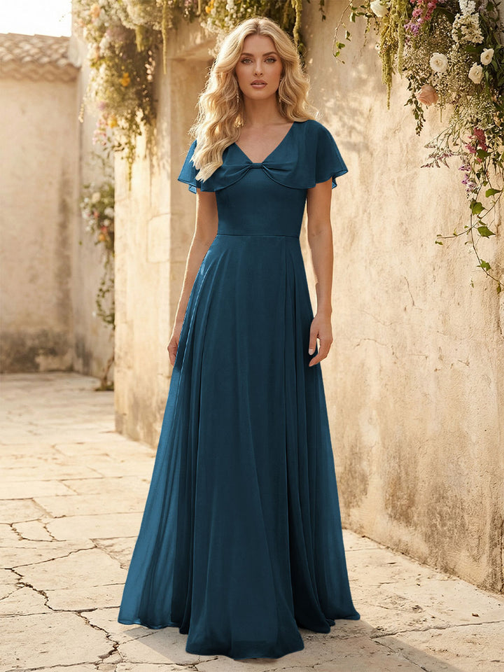 Short Sleeves V Neck Chiffon Formal Dresses with Slit