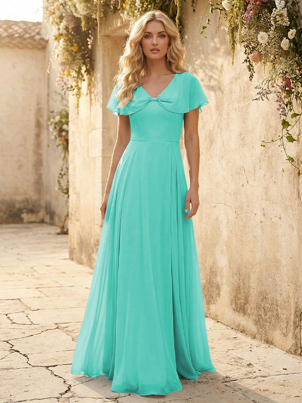 Short Sleeves V Neck Chiffon Bridesmaid Dresses with Slit