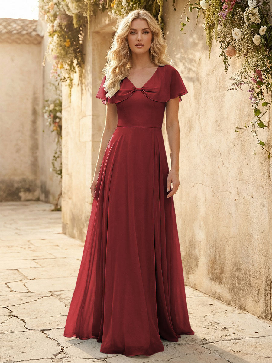 Short Sleeves V Neck Chiffon Formal Dresses with Slit