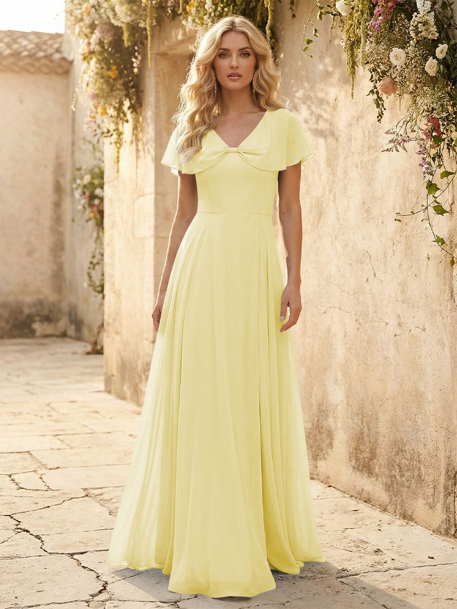 Short Sleeves V Neck Chiffon Formal Dresses with Slit