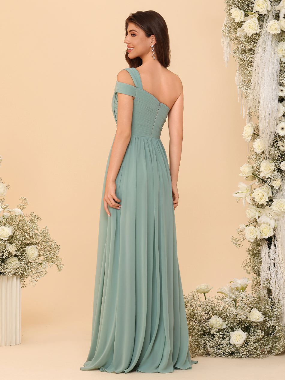 One Shoulder Chiffon Pleated Bridesmaid Dresses with Slit