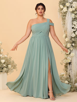 One Shoulder Chiffon Pleated Bridesmaid Dresses with Slit