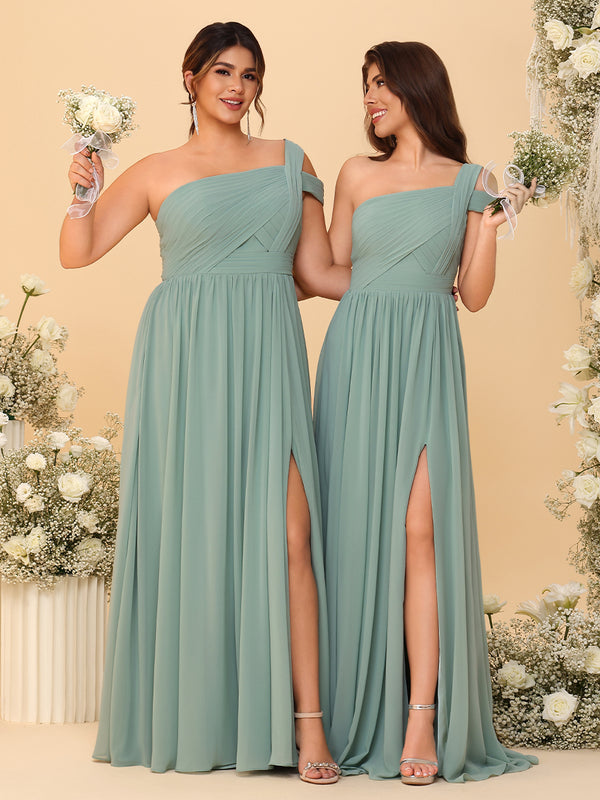 One Shoulder Chiffon Pleated Bridesmaid Dresses with Slit