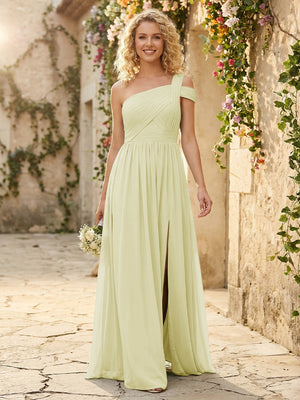 One Shoulder Chiffon Pleated Bridesmaid Dresses with Slit
