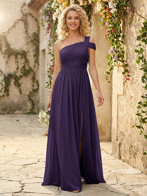 One Shoulder Chiffon Pleated Bridesmaid Dresses with Slit