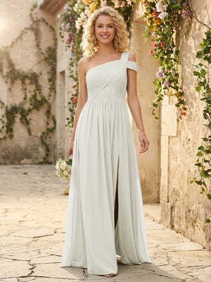 One Shoulder Chiffon Pleated Bridesmaid Dresses with Slit