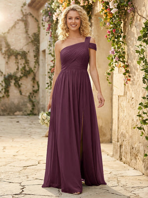 One Shoulder Chiffon Pleated Bridesmaid Dresses with Slit
