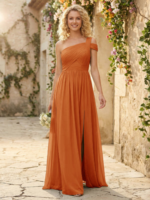 One Shoulder Chiffon Pleated Bridesmaid Dresses with Slit