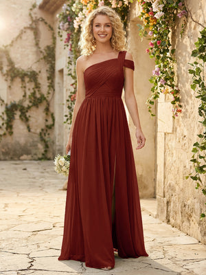 One Shoulder Chiffon Pleated Bridesmaid Dresses with Slit
