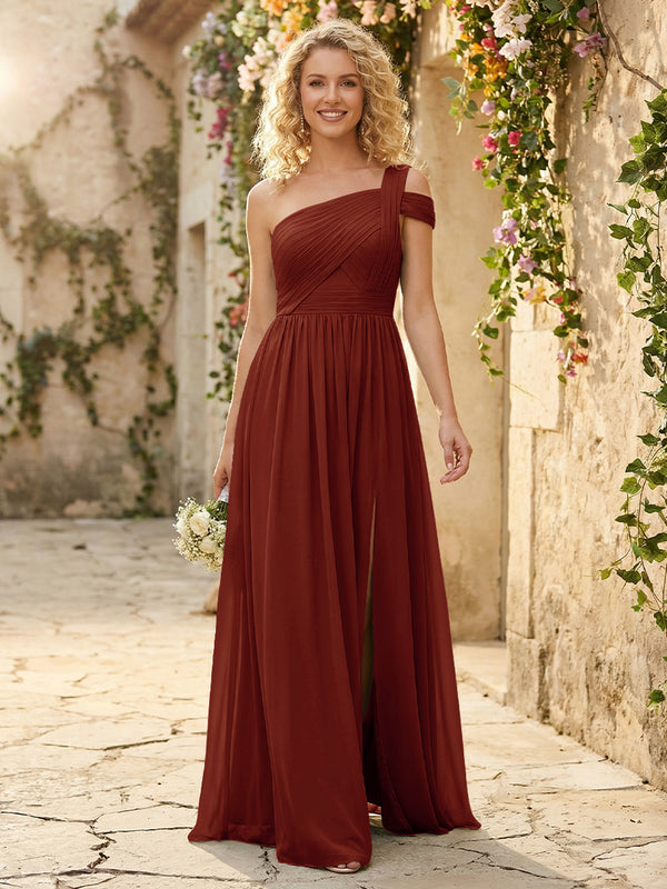 One Shoulder Chiffon Pleated Bridesmaid Dresses with Slit