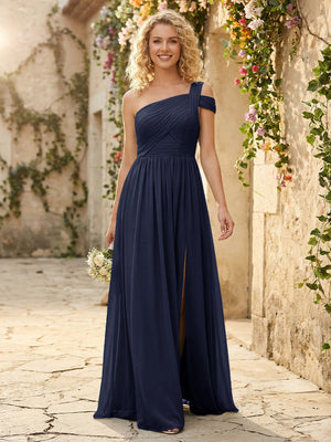 One Shoulder Chiffon Pleated Bridesmaid Dresses with Slit
