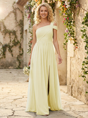 One Shoulder Chiffon Pleated Bridesmaid Dresses with Slit