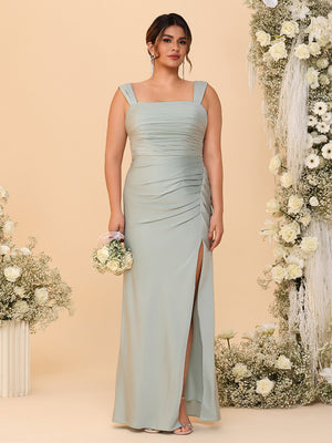 Square Neck Chiffon Pleated Bridesmaid Dresses with Slit