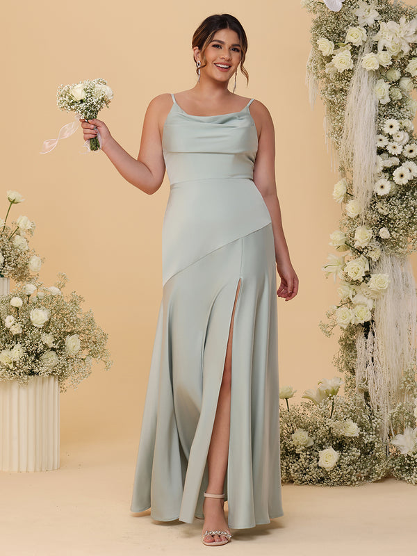 Spaghetti Straps Satin Pleated Bridesmaid Dresses with Slit
