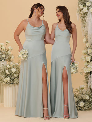 Spaghetti Straps Satin Pleated Bridesmaid Dresses with Slit