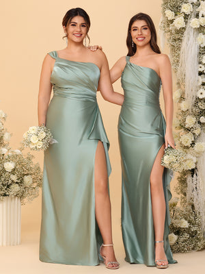 One Shoulder Satin Pleated Bridesmaid Dresses with Slit