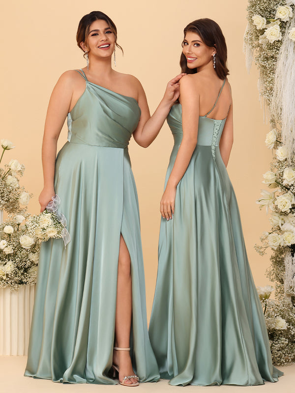 One Shoulder Satin Pleated Bridesmaid Dresses with Slit