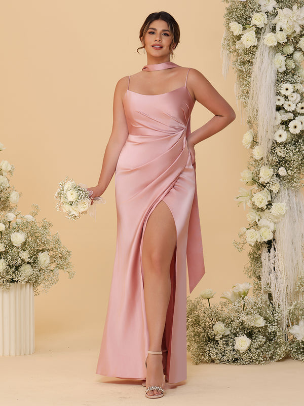 Spaghetti Straps Satin Pleated Bridesmaid Dresses with Scarf