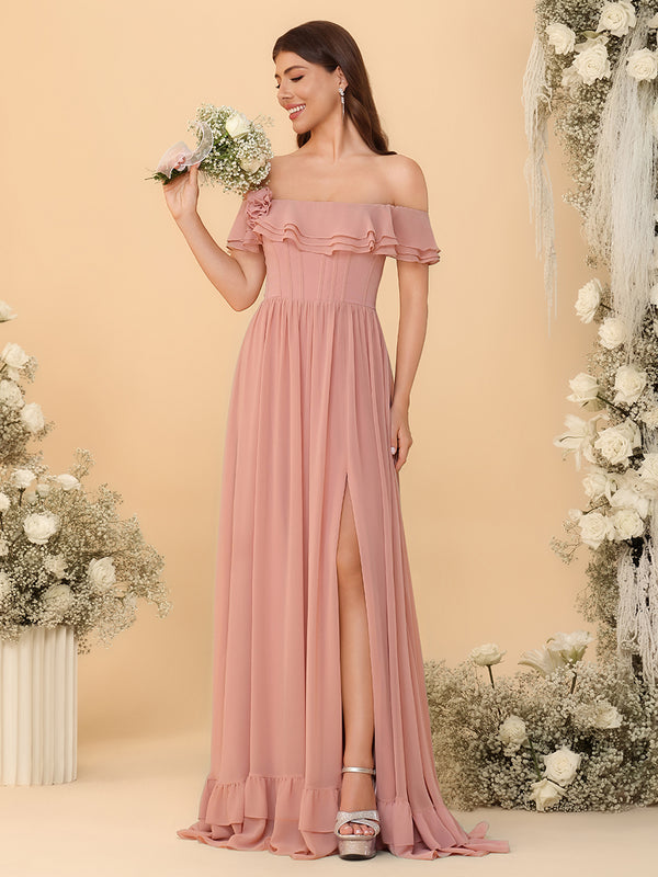 Off Shoulder Chiffon Bridesmaid Dresses Ruffles