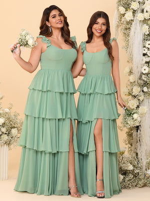 Ruffles Straps Chiffon Bridesmaid Dresses Layered with Slit