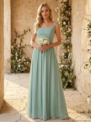 Wide Straps Chiffon Bridesmaid Dresses with Pleats