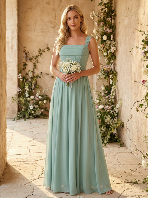 Wide Straps Chiffon Bridesmaid Dresses with Pleats