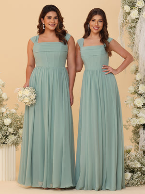 Wide Straps Chiffon Bridesmaid Dresses with Pleats