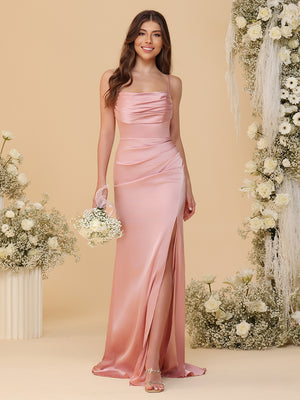 Spaghetti Straps Satin Bridesmaid Dresses with Pleats