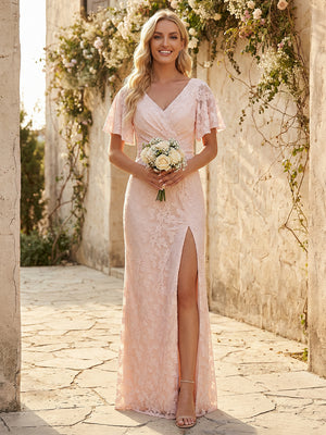 Short Sleeves Chiffon Floral Pleated Bridesmaid Dresses