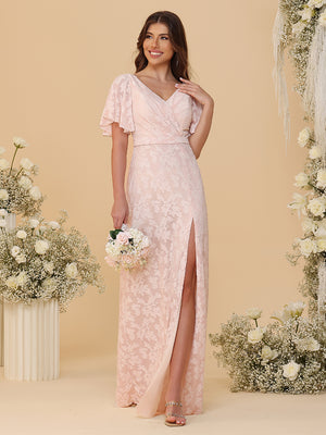 Short Sleeves Chiffon Floral Pleated Bridesmaid Dresses