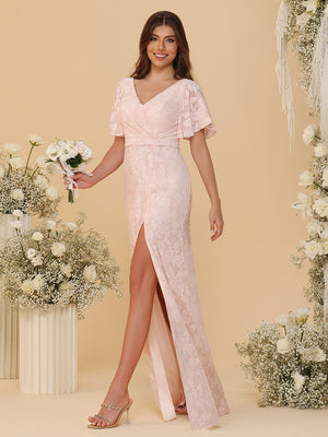 Short Sleeves Chiffon Floral Pleated Bridesmaid Dresses