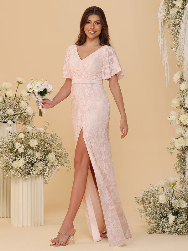 Short Sleeves Chiffon Floral Pleated Bridesmaid Dresses