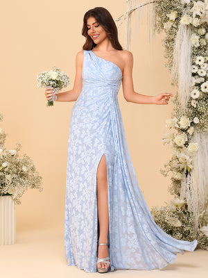 One Shoulder Chiffon Floral Bridesmaid Dresses with Slit