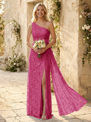 One Shoulder Chiffon Floral Bridesmaid Dresses with Slit
