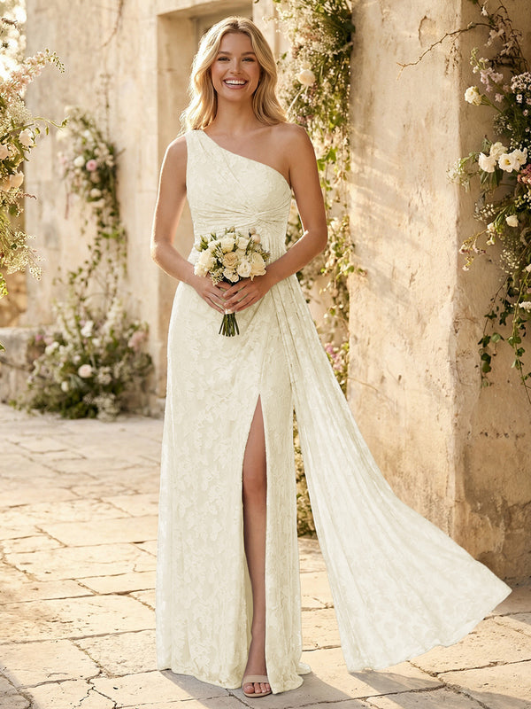 One Shoulder Chiffon Floral Bridesmaid Dresses with Slit