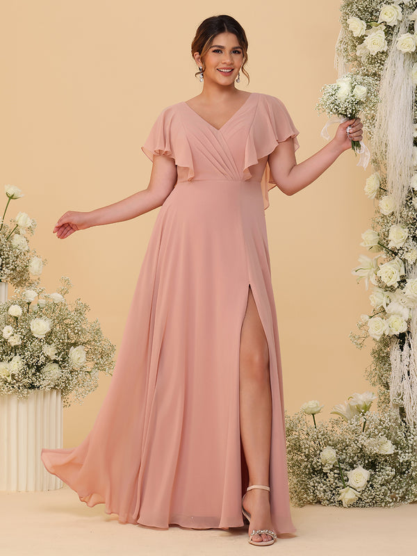 Short Sleeves V Neck Chiffon Bridesmaid Dresses with Slit