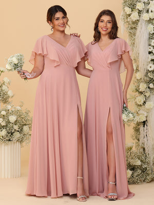 Short Sleeves V Neck Chiffon Bridesmaid Dresses with Slit