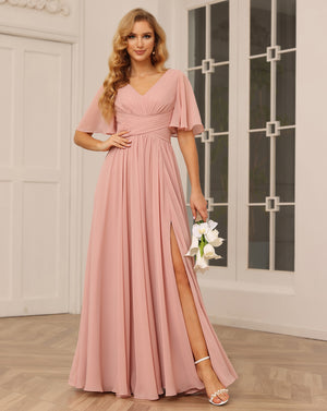 Chiffon V Neck Pleated Short Sleeves Bridesmaid Dresses with Slit