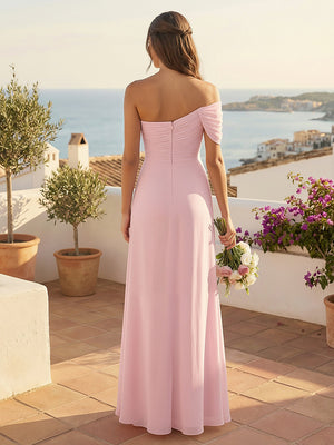 One Shoulder Bridesmaid Dresses Ruched Chiffon A-Line Wedding Guest Gowns