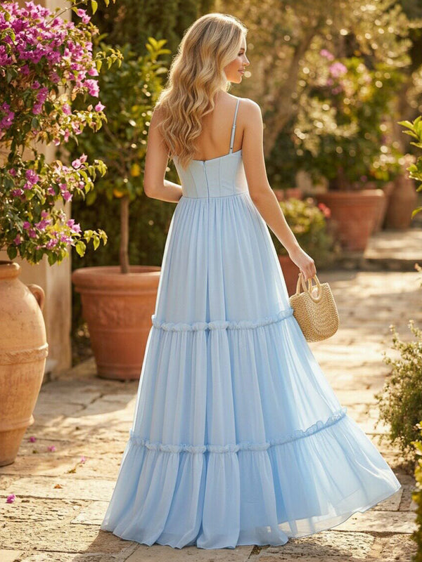 Pleated Corset Bodice Chiffon Ruffle Maxi Bridesmaid Dresses with Spaghetti Straps