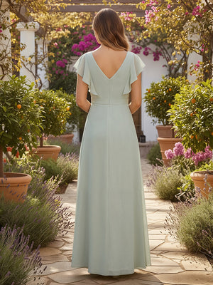 Flutter Sleeves Chiffon Ruffle Maxi Bridesmaid Dresses with V-Neck