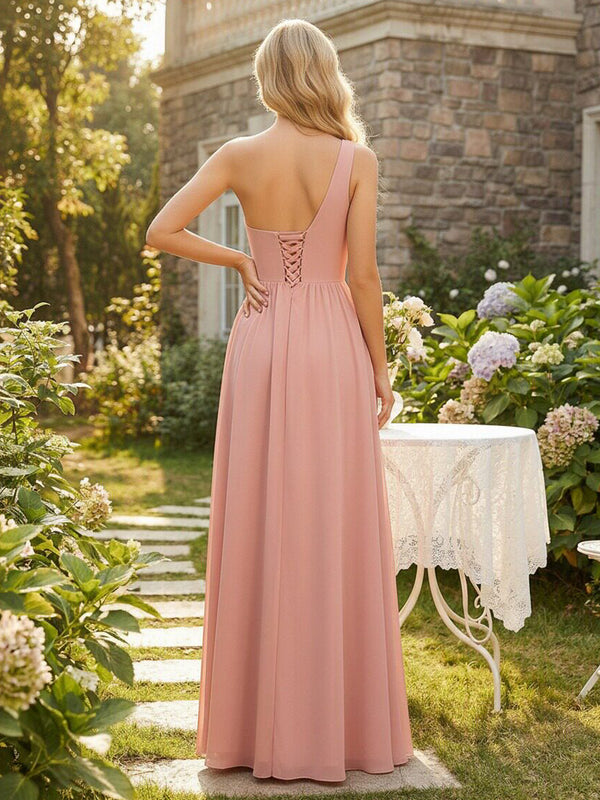 Chiffon One Shoulder Corset Pleated Bridesmaid Dresses with Slit