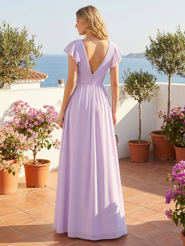 Chiffon V Neck Ruffles Pleated Bridesmaid Dresses with Slit