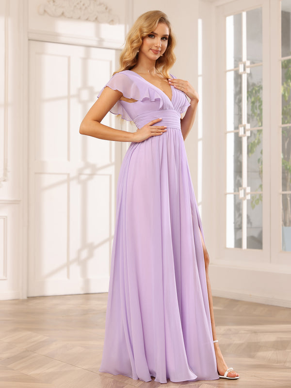 Chiffon V Neck Ruffles Pleated Bridesmaid Dresses with Slit