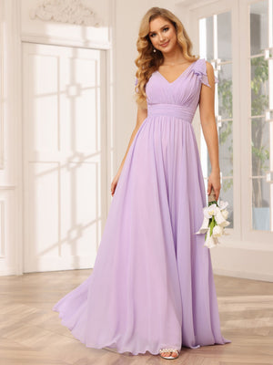 Chiffon V Neck Bow A Line Pleated Bridesmaid Dresses